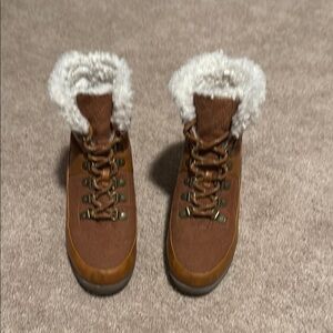 JustFab Brown Lace Up Boots with White faux fur